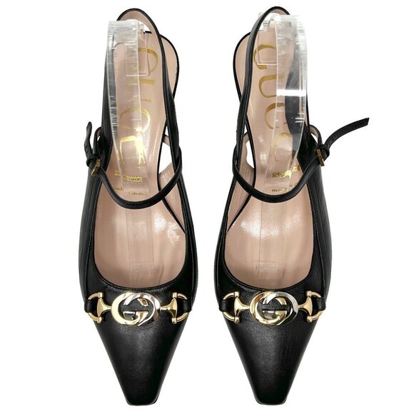 Gucci Zumi Interlocking Logo Black Leather Pointed Toe Low Heels Slingback Pumps - Picture 1 of 9